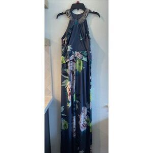 Women's Debut Gray Floral Neck Cross‎ Rhinestone Dress Sz 6 US Or 10 London